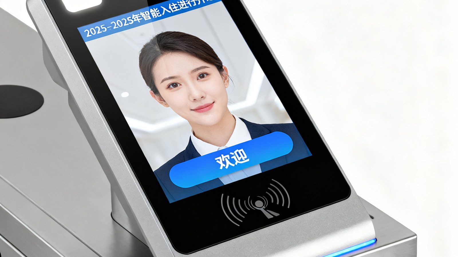 AG贵宾厅2025年智能入住系统升级，新型人脸识别终端设备特写，屏幕显示欢迎界面