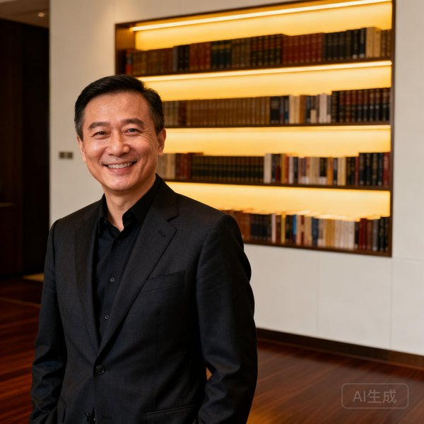 AG贵宾厅集团创始人兼CEO陈启明先生，身穿深色商务正装，面带微笑，背景为行政酒廊书架